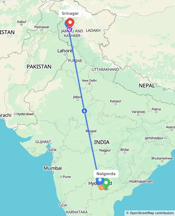 Route map showing distance and travel time from Nalgonda, India to Srinagar, India