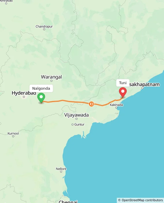 Route map showing distance and travel time from Nalgonda, India to Tuni, India