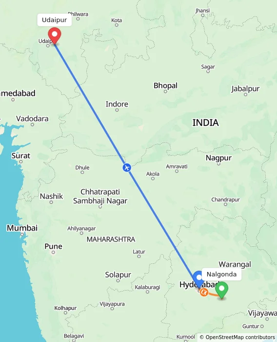 Route map showing distance and travel time from Nalgonda, India to Udaipur, India