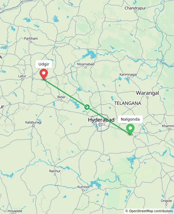 Route map showing distance and travel time from Nalgonda, India to Udgir, India