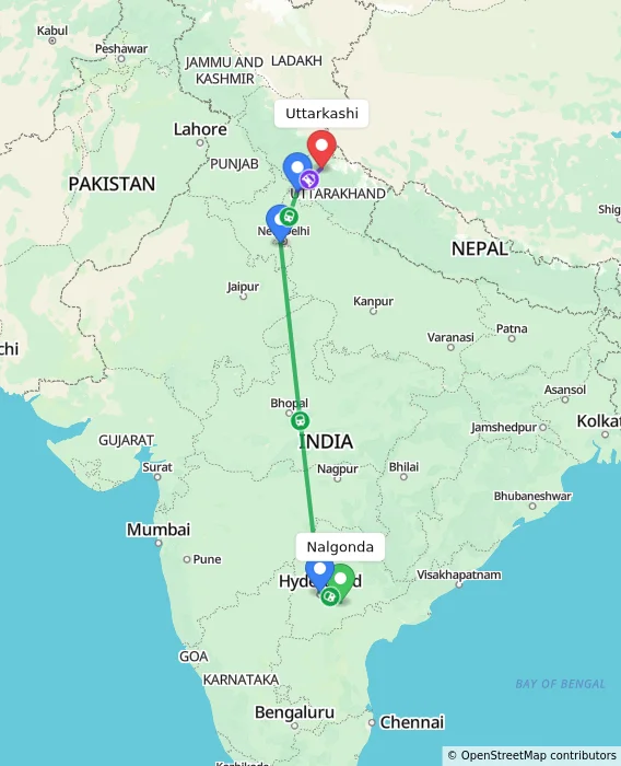 Route map showing distance and travel time from Nalgonda, India to Uttarkashi, India