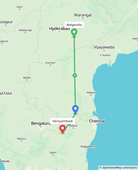 Route map showing distance and travel time from Nalgonda, India to Vaniyambadi, India