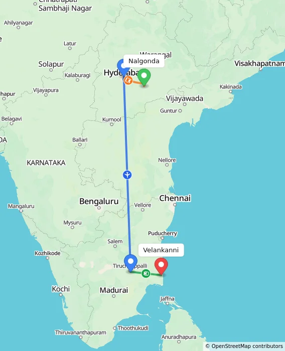 Route map showing distance and travel time from Nalgonda, India to Velankanni, India
