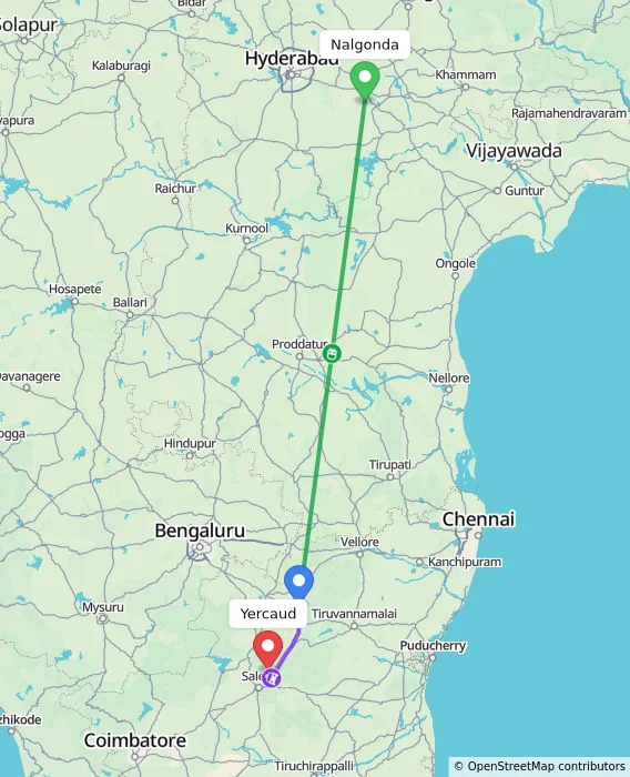 Route map showing distance and travel time from Nalgonda, India to Yercaud, India