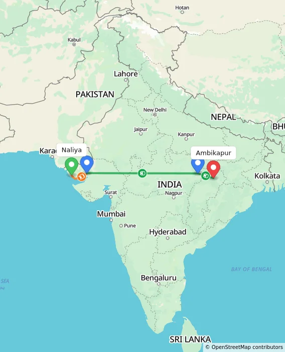 Route map showing distance and travel time from Naliya, India to Ambikapur, India