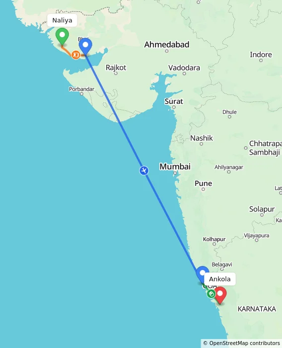 Route map showing distance and travel time from Naliya, India to Ankola, India