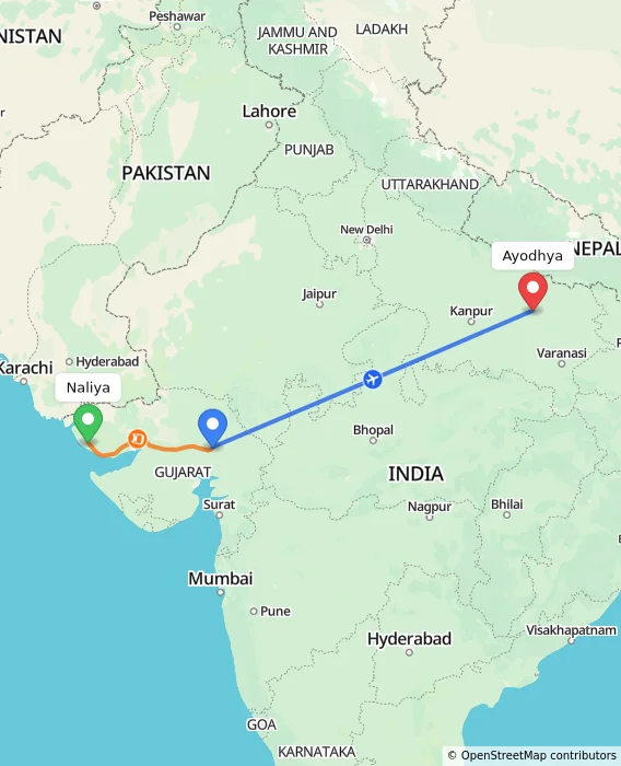 Route map showing distance and travel time from Naliya, India to Ayodhya, India