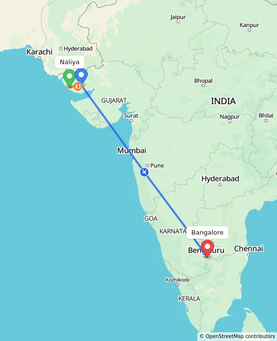 Route map showing distance and travel time from Naliya, India to Bangalore, India