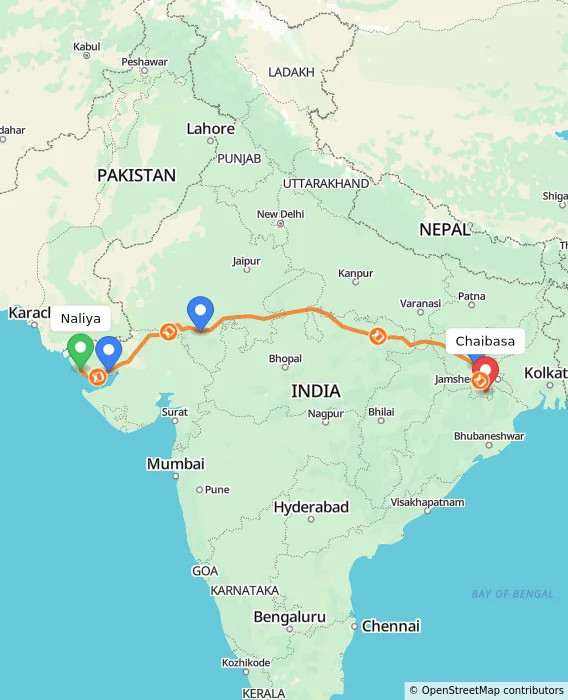 Route map showing distance and travel time from Naliya, India to Chaibasa, India