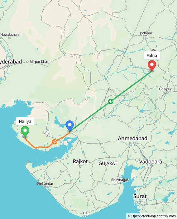 Route map showing distance and travel time from Naliya, India to Falna, India