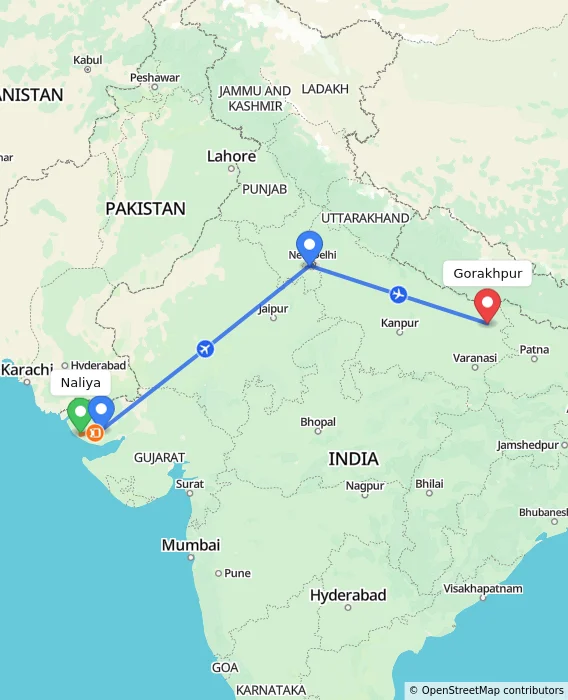 Route map showing distance and travel time from Naliya, India to Gorakhpur, India