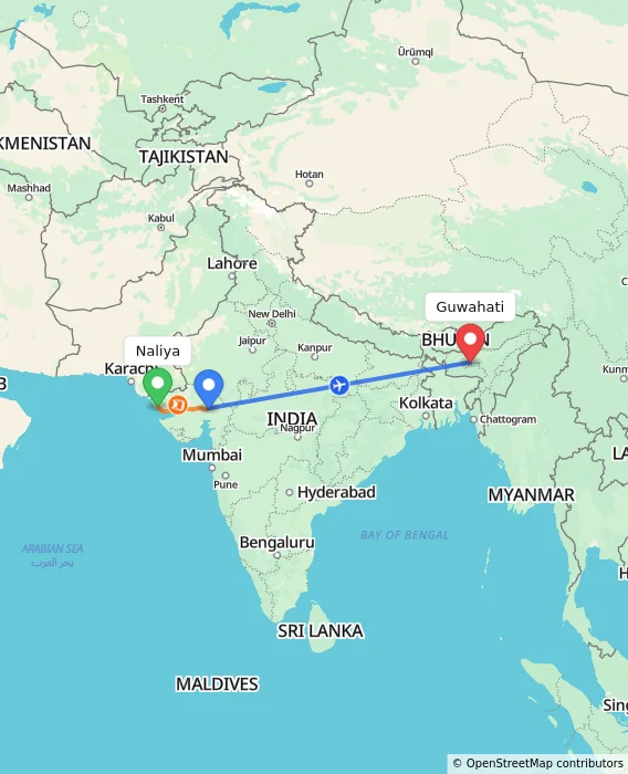Route map showing distance and travel time from Naliya, India to Guwahati, India