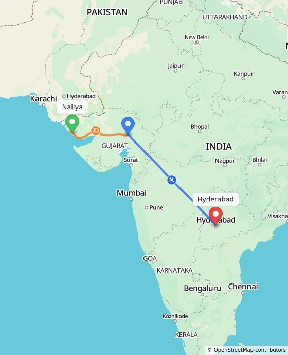 Route map showing distance and travel time from Naliya, India to Hyderabad, India