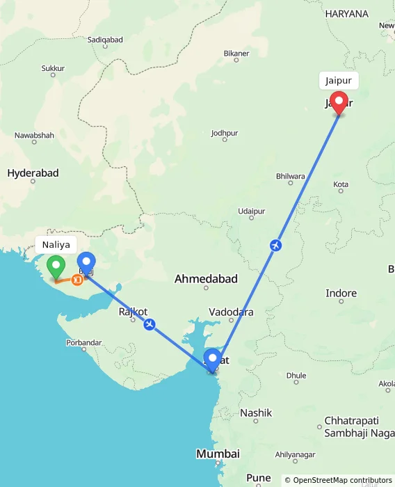 Route map showing distance and travel time from Naliya, India to Jaipur, India