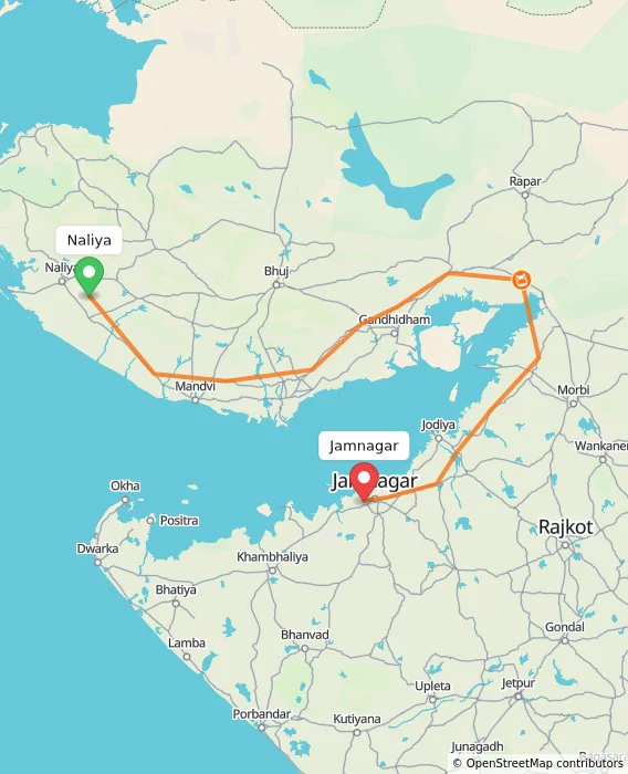 Route map showing distance and travel time from Naliya, India to Jamnagar, India