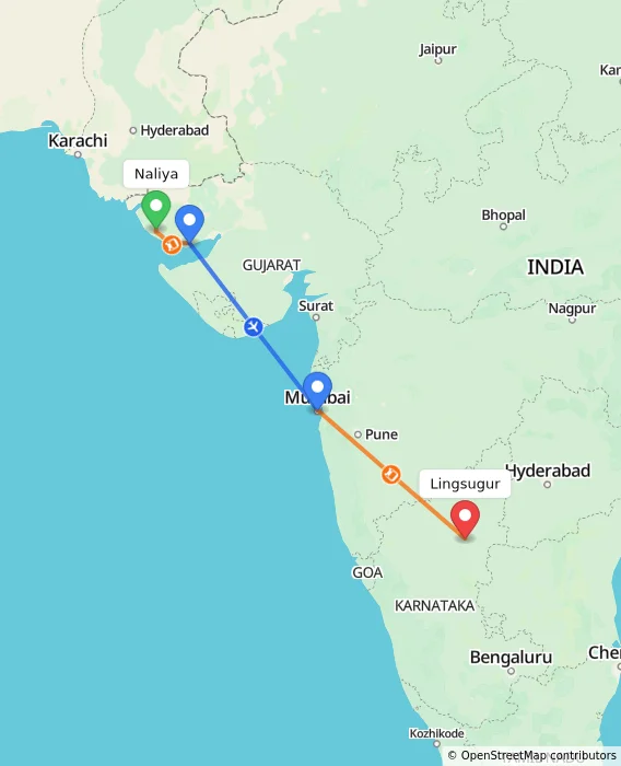 Route map showing distance and travel time from Naliya, India to Lingsugur, India