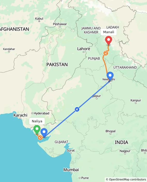Route map showing distance and travel time from Naliya, India to Manali, India