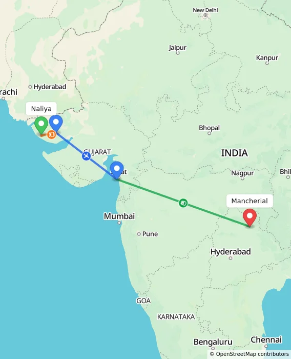 Route map showing distance and travel time from Naliya, India to Mancherial, India