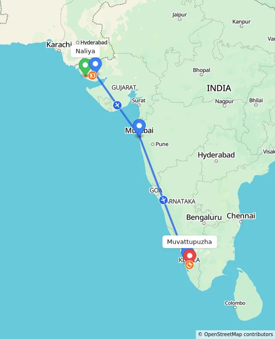 Route map showing distance and travel time from Naliya, India to Muvattupuzha, India