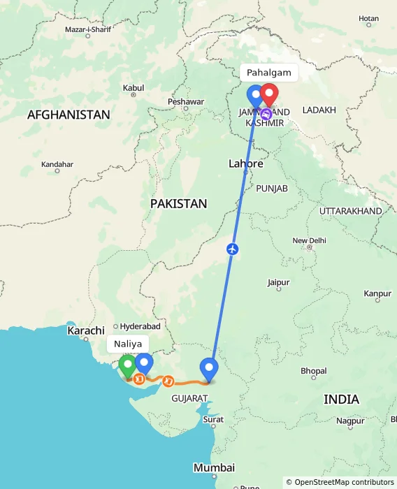 Route map showing distance and travel time from Naliya, India to Pahalgam, India