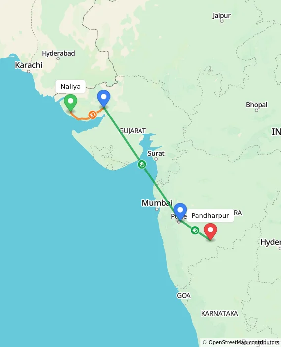 Route map showing distance and travel time from Naliya, India to Pandharpur, India