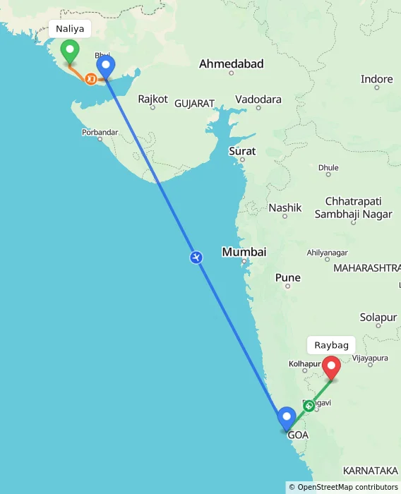 Route map showing distance and travel time from Naliya, India to Raybag, India