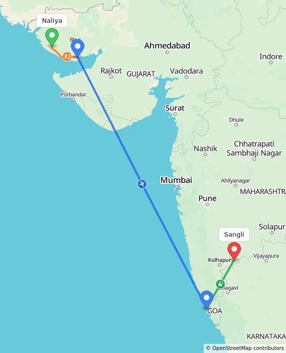 Route map showing distance and travel time from Naliya, India to Sangli, India