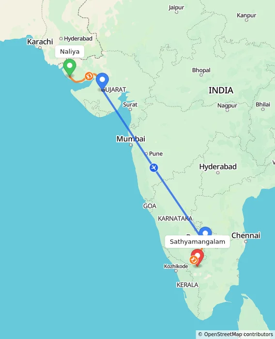 Route map showing distance and travel time from Naliya, India to Sathyamangalam, India