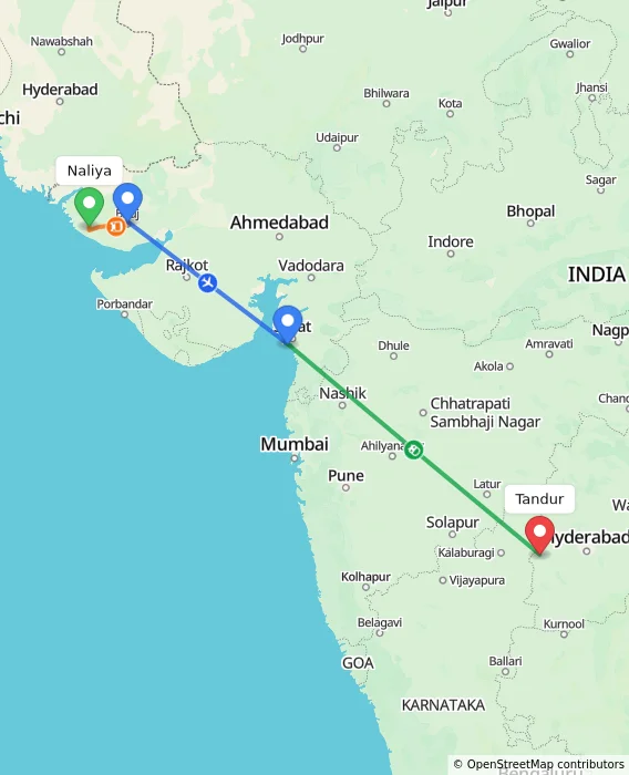 Route map showing distance and travel time from Naliya, India to Tandur, India