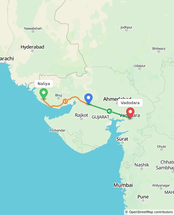 Route map showing distance and travel time from Naliya, India to Vadodara, India