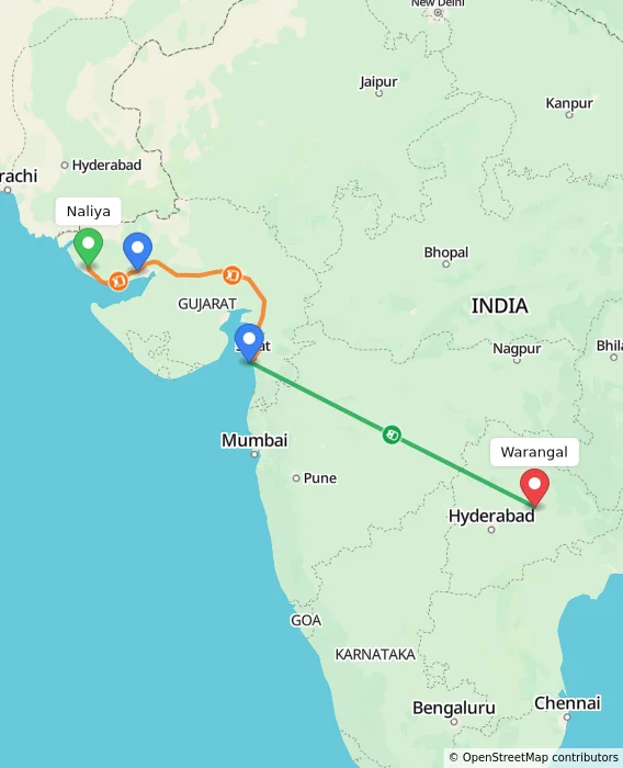 Route map showing distance and travel time from Naliya, India to Warangal, India