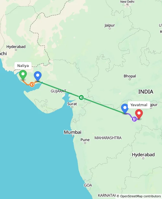 Route map showing distance and travel time from Naliya, India to Yavatmal, India
