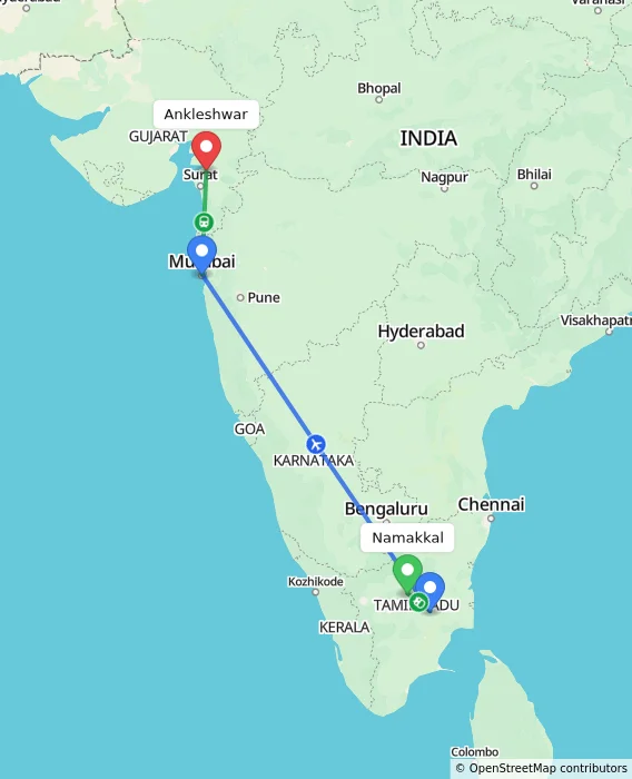 Route map showing distance and travel time from Namakkal, India to Ankleshwar, India