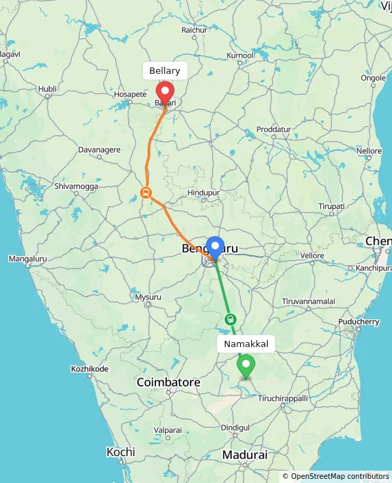 Route map showing distance and travel time from Namakkal, India to Bellary, India