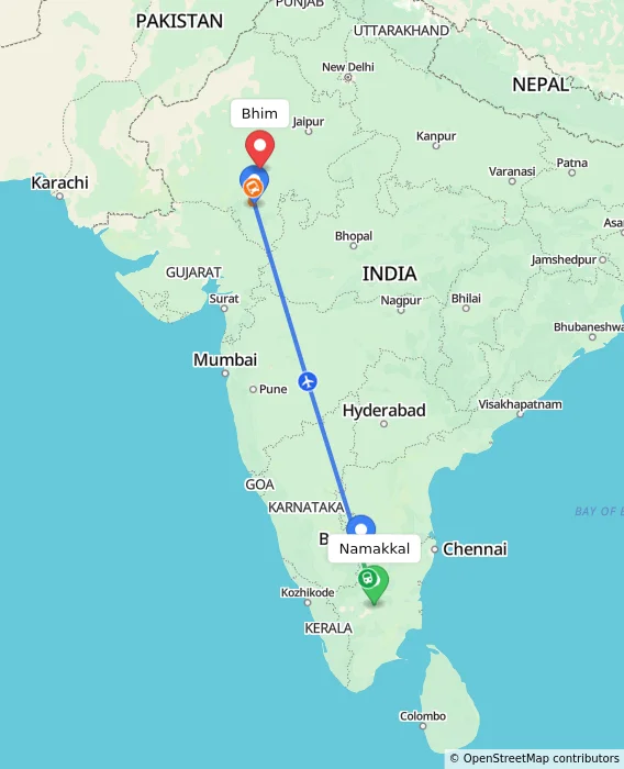 Route map showing distance and travel time from Namakkal, India to Bhim, India