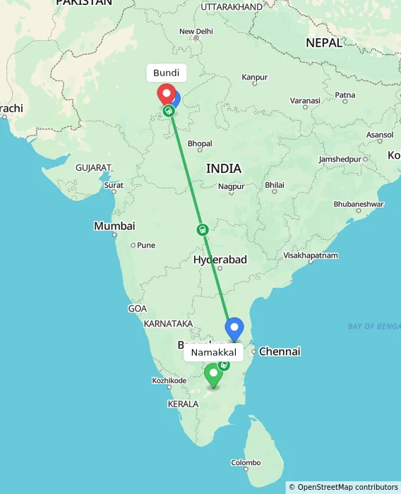 Route map showing distance and travel time from Namakkal, India to Bundi, India