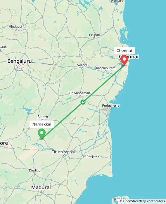 Route map showing distance and travel time from Namakkal, India to Chennai, India