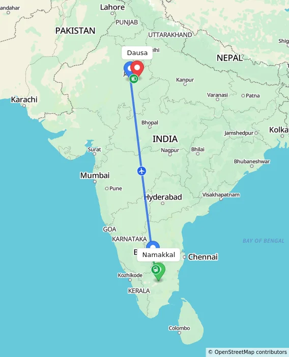 Route map showing distance and travel time from Namakkal, India to Dausa, India