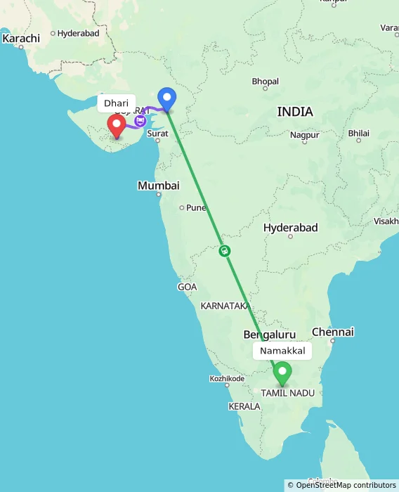 Route map showing distance and travel time from Namakkal, India to Dhari, India