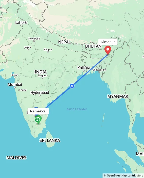 Route map showing distance and travel time from Namakkal, India to Dimapur, India