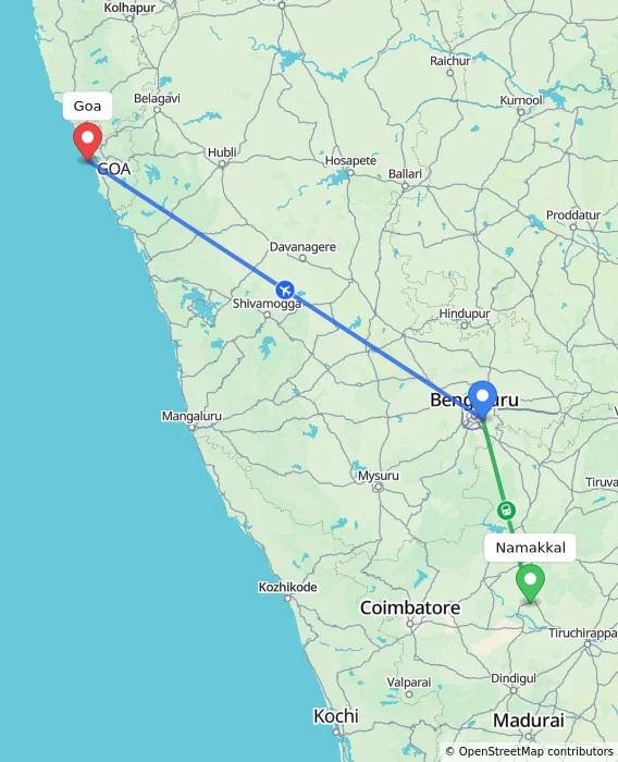 Route map showing distance and travel time from Namakkal, India to Goa, India