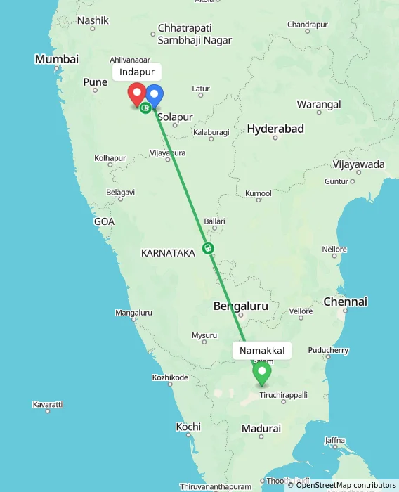 Route map showing distance and travel time from Namakkal, India to Indapur, India