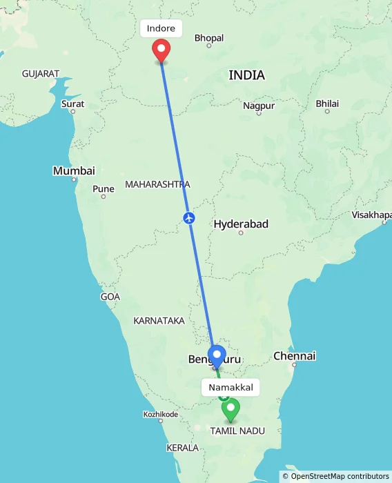 Route map showing distance and travel time from Namakkal, India to Indore, India