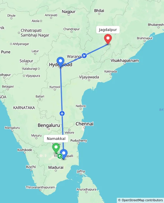 Route map showing distance and travel time from Namakkal, India to Jagdalpur, India