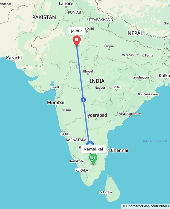 Route map showing distance and travel time from Namakkal, India to Jaipur, India