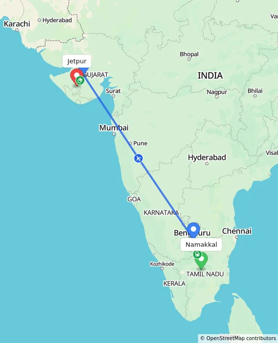 Route map showing distance and travel time from Namakkal, India to Jetpur, India