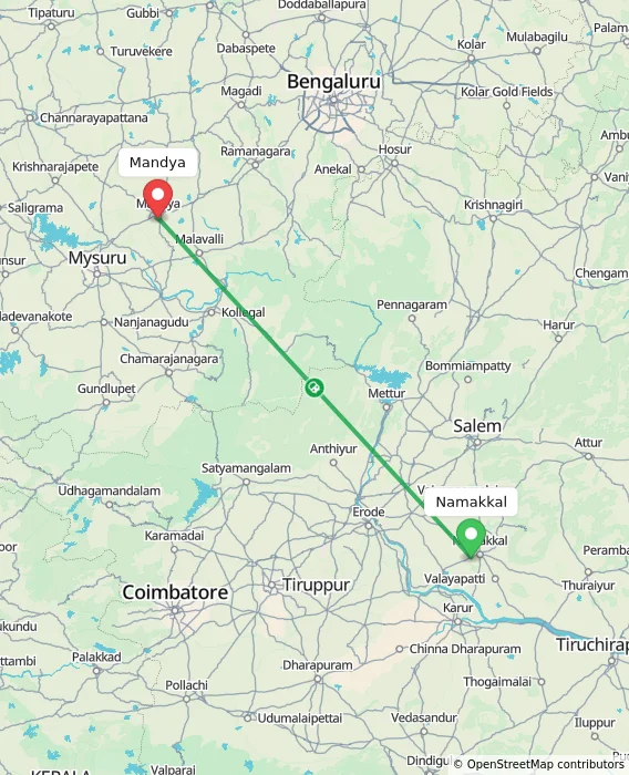 Route map showing distance and travel time from Namakkal, India to Mandya, India