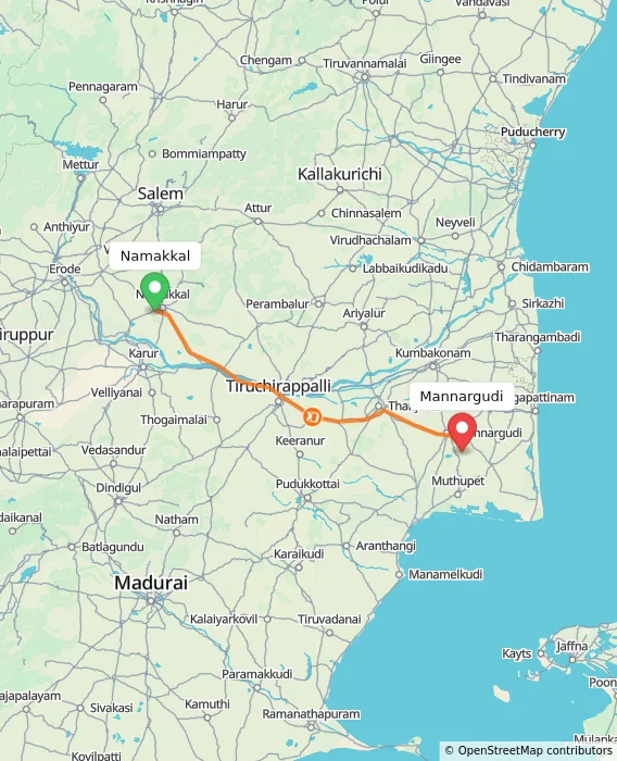 Route map showing distance and travel time from Namakkal, India to Mannargudi, India