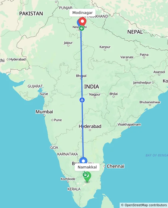 Route map showing distance and travel time from Namakkal, India to Modinagar, India