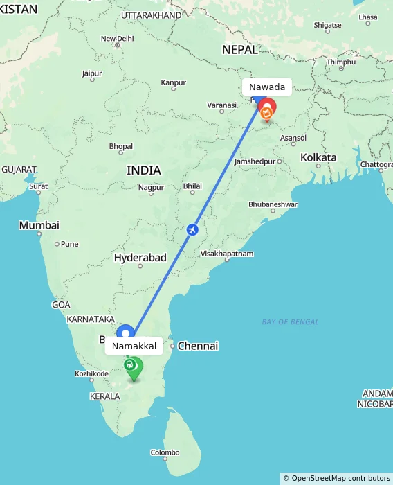 Route map showing distance and travel time from Namakkal, India to Nawada, India
